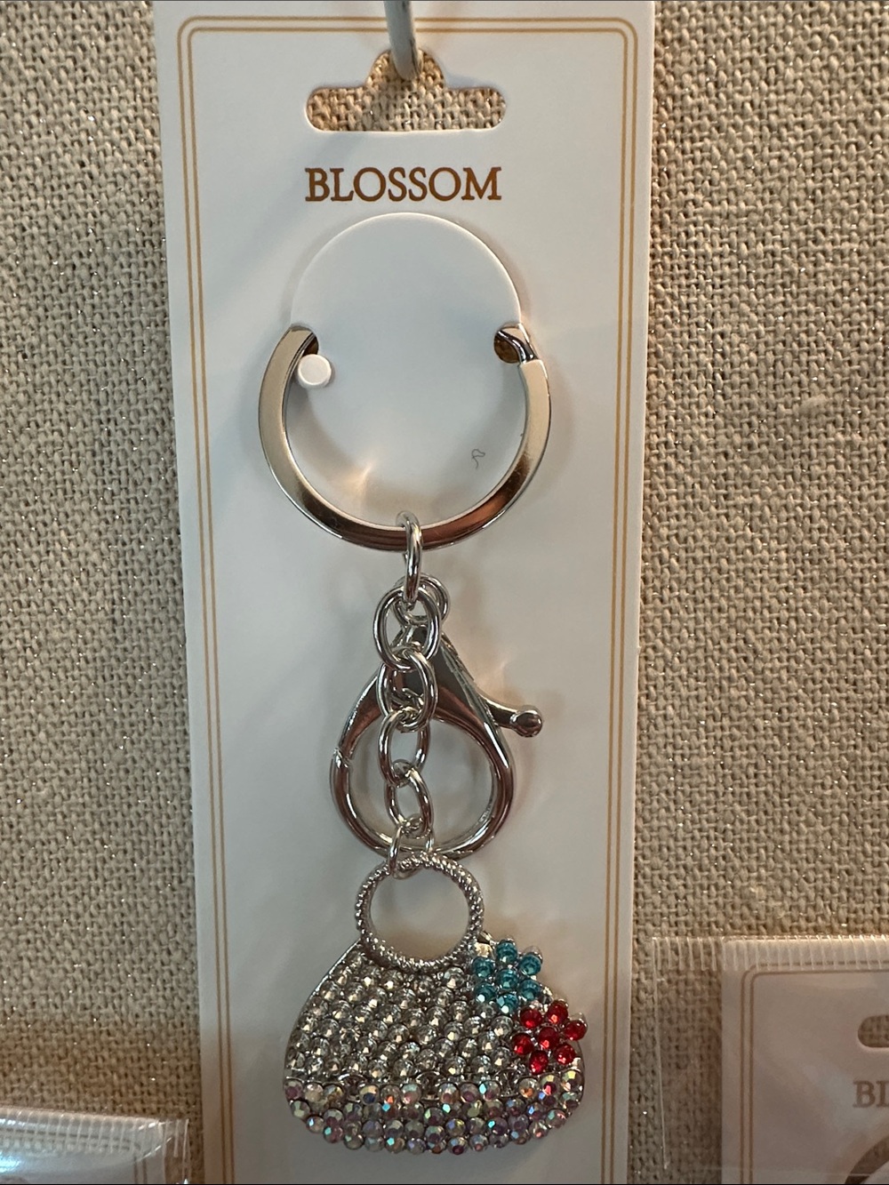 Set of 3 Silver Crystal Purse Keychain with Red & Blue Accents